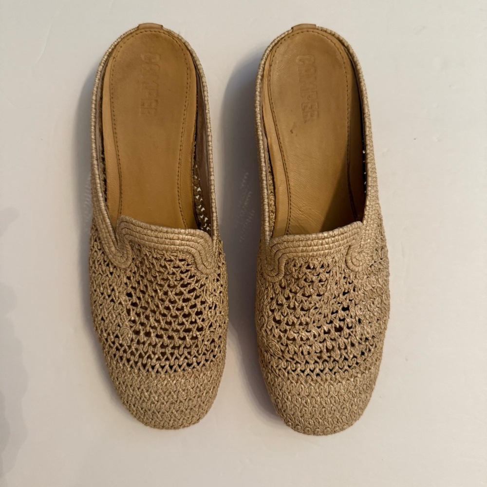CAMPER SHOES MULES SLIDES TAN WOVEN LEATHER SOLES SIZE 38 7.5